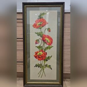 Vintage Framed Floral Needlepoint Wall Art - Orange Poppies